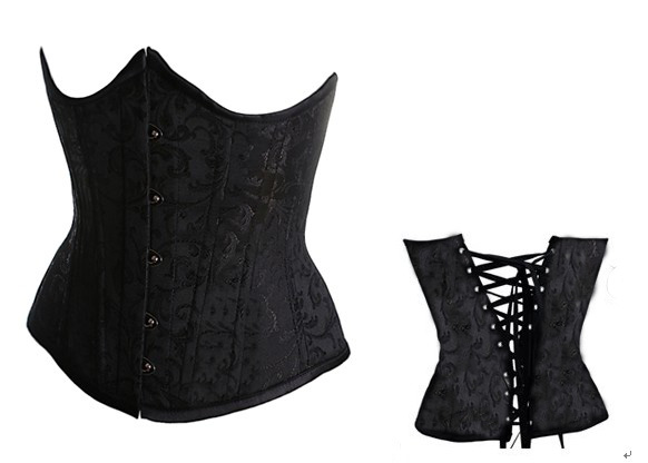 Черный Костюм Underbust Корсет Цветочные Атласная Без Бретелек Корсет
